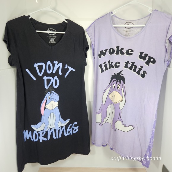 2 Disney's Eeyore Pajama Shirts Ladies Size Small, Black & Purple - Picture 1 of 11